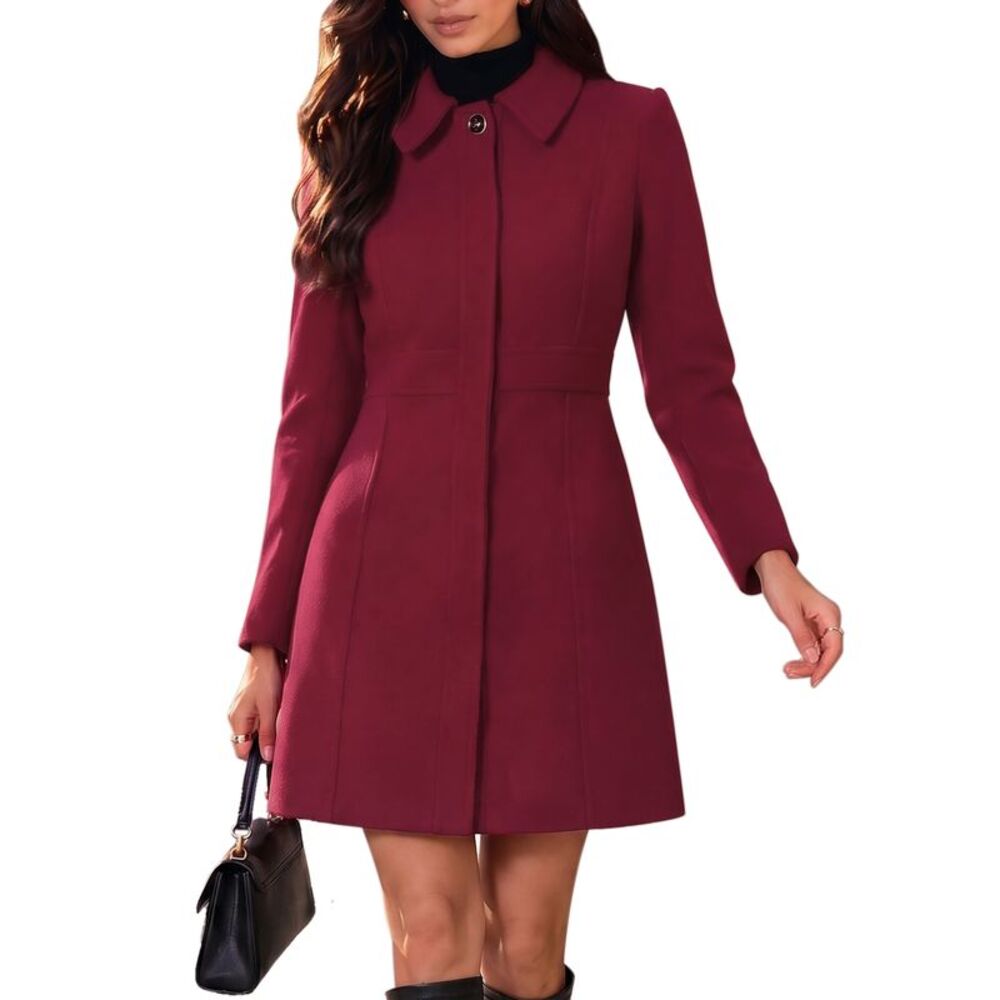 Women's Winter Pea Coat Elegant A Line Fitted Work Midi Overcoat Red